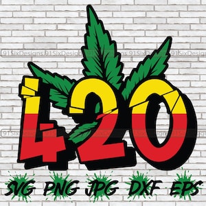 May include: A graphic design featuring the number 420 in a red, yellow, and green color scheme. The numbers are surrounded by green marijuana leaves. The text "SVG PNG JPG DXF EPS" is at the bottom of the image.