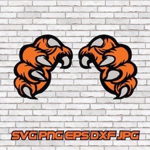 May include: A pair of orange and gray cartoon claws with sharp points. The claws are facing each other and are in a symmetrical position.