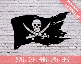May include: A black pirate flag with a white skull and crossbones design. The flag is tattered and torn, giving it a distressed look.