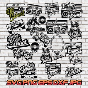 Puede incluir: Una colección de 14 ilustraciones digitales en blanco y negro con el texto "Old School" con varios diseños que incluyen cintas de cassette, boomboxes, cadenas y un gato con gafas de sol. El texto "HIP HOP" y "MIX TAPE" también se incluyen en algunos de los diseños.