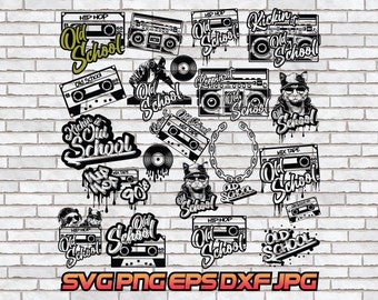 以下が含まれることがあります： 「Old School」というテキストをフィーチャーした、カセットテープ、ブームボックス、チェーン、サングラスをかけた猫など、さまざまなデザインの14個の白黒デジタルイラストのセット。「HIP HOP」と「MIX TAPE」というテキストも、一部のデザインに含まれています。