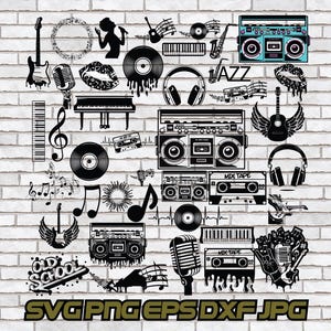 Music SVG Design Bundle, Musical Vectors, Boombox, Old School, Retro Vinyl Cassette Mix Tape 90s 90's 80s 80's Band Instrument Choir Cut PNG