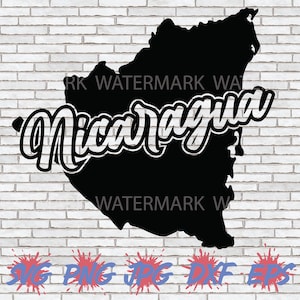 Peut inclure: Silhouette noire du Nicaragua avec le mot "Nicaragua" en écriture cursive blanche sur un fond de mur en briques blanches.