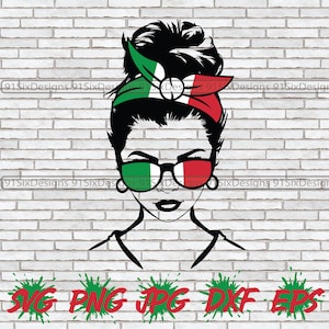 May include: Black and white illustration of a woman with a messy bun wearing sunglasses with the Italian flag colors. The woman is wearing a bandana with the Italian flag colors. The background is a white brick wall.
