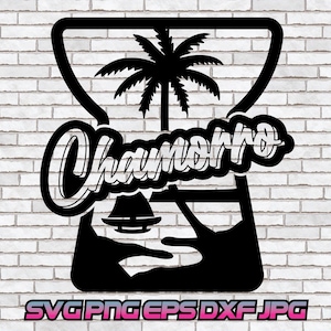 May include: Black and white graphic design of a tropical palm tree inside a glass hourglass with the text "Chamissimo" in a stylized font.