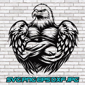 Op de afbeelding: Zwart-witte illustratie van een gespierde adelaar met zijn vleugels gevouwen achter zijn rug. De adelaar heeft een woeste uitdrukking en zijn spieren zijn gedefinieerd.