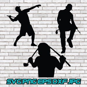 Puede incluir: Gráfico de silueta negra de tres golfistas en acción contra un fondo de pared de ladrillos blancos. Un golfista está balanceándose, otro está arrodillado y el tercero sostiene un palo. La parte inferior de la imagen tiene el texto "SVG PNG EPS DXF JPG".