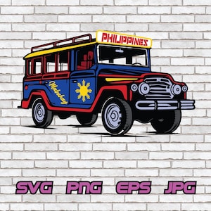 Puede incluir: Ilustración de un jeepney filipino colorido, un vehículo de transporte público. El jeepney es azul, rojo y amarillo, con la palabra "Philippines" en la parte superior. La palabra "Mabuhay" y un símbolo de sol están en el lateral. La imagen incluye texto SVG, PNG, EPS y JPG.