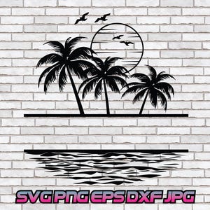 May include: Black silhouette of three palm trees with a sun and birds in the background. The trees are on a white brick wall background. Below the trees is a black silhouette of ocean waves.