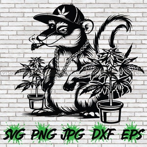 May include: Black and white illustration of a cartoon squirrel wearing a baseball cap with a marijuana leaf on it. The squirrel is holding a joint and is surrounded by marijuana plants in pots. The background is a white brick wall.