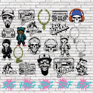 SVG Hip Hop Bundle, PNG Hip Hop Files, Rapper Rap Party Decor Cut Images Cricut Silhouette DJ Kid Man BoomBox Radio R&B Tape Cassette Image