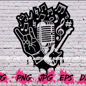Rock SVG Rock&#39;n Roll SVG Clipart Band Concert Singer Cut File Silhouette Png Dxf Eps Jpg Design Guitar Vintage Retro Microphone Alternative