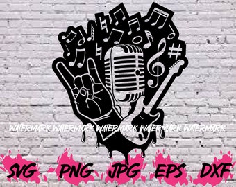 Rock SVG Rock'n Roll SVG Clipart Band Concert Singer Cut File Silhouette Png Dxf Eps Jpg Design Guitar Vintage Retro Microphone Alternative