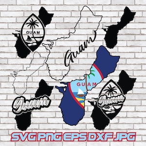 May include: Black and white silhouette of the island of Guam with the word "Guam" written in a stylized font. The image includes a smaller version of the island with the Guam flag in the center. The text "SVG PNG EPS DXF JPG" is at the bottom of the image.
