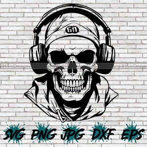 DJ Skull SVG, Skeleton Disc Jockey, Music, Audio Sound Hip Hop Dance Party Decor Cricut Silhouette Download Cut File Headphones PNG Design