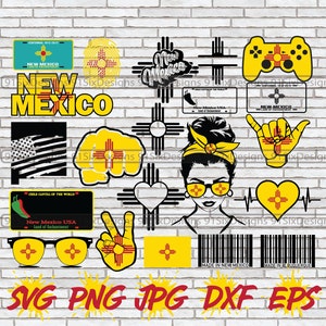May include: A collection of digital cut files featuring various designs related to New Mexico. The designs include the state flag, a heart with the state flag, a peace sign with the state flag, a fist with the state flag, a woman with sunglasses and a headband with the state flag, a game controller with the state flag, a license plate with the state flag, a heart with a heartbeat and the state flag, a hand with the state flag, a pair of sunglasses with the state flag, a bar code with the text "Made in New Mexico", and a bar code with the text "Made in Albuquerque".