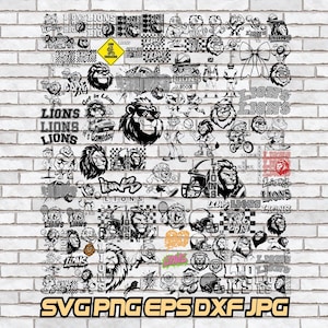 Puede incluir: Una colección de gráficos e ilustraciones en blanco y negro con temática de leones, que incluyen cabezas de león, cascos de fútbol y elementos de texto como "Lions" e "It's Gameday". El diseño se muestra sobre un fondo de pared de ladrillo. También incluye el texto "SVG PNG EPS DXF JPG".