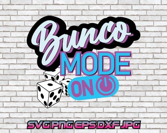May include: A white brick wall background with a black, blue, and purple graphic that says "Bunco Mode On" with a power button symbol. There are also four white dice with black dots.