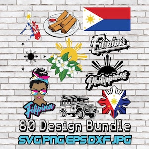 May include: A collection of Filipino-themed graphics and illustrations. Includes the Philippine flag, a map outline, food, a jeepney, and text that reads "Filipina" and "Philippines". The text "80 Design Bundle" is also present.