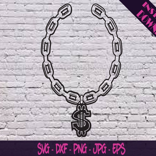 Dollar Sign Necklace Chain SVG PNG Money Sign Hustle Gangster Hip Hop 90s 90's 80's 80s Gold Necklace Jewelry SVG Rap Lover Gift Cut File