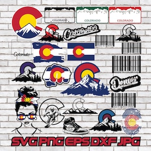 May include: A collection of Colorado-themed graphics and designs. Includes the state flag, mountain silhouettes, license plate designs, and the text "Colorado" and "Denver". The designs are in red, yellow, blue, and black.