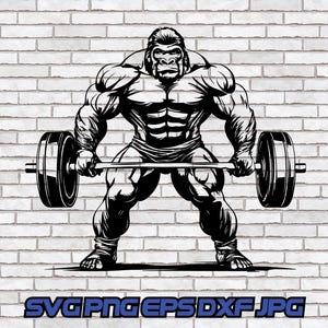 May include: A black and white illustration of a muscular gorilla lifting a barbell. The gorilla is depicted with a determined expression, showcasing its strength and power.