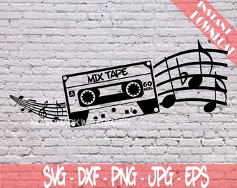 May include: Black and white illustration of a cassette tape with the words "Mix Tape" on it. Musical notes are flowing out of the tape.