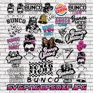 Pode incluir: Uma coleção de 16 designs digitais com a palavra "Bunco" em vários estilos e cores. Os designs incluem um fundo xadrez, dados, um sino, uma taça de martini e uma mulher com uma coroa. O texto "SVG PNG EPS DXF JPG" está na parte inferior da imagem.