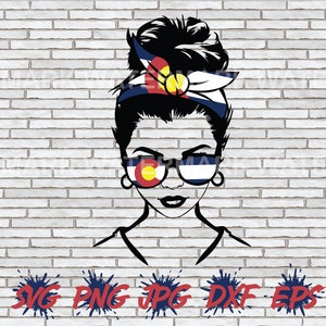 May include: A black and white illustration of a woman with a messy bun wearing sunglasses with the Colorado flag on them. She is wearing a headband with the Colorado flag on it. The background is a white brick wall.