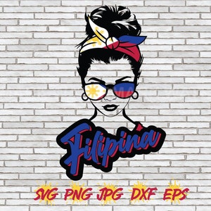 May include: A digital illustration of a woman with a bun in her hair wearing sunglasses with the Philippine flag on them. The woman is wearing a red headband with the Philippine flag on it. The text "Filipina" is written in a stylized font below the woman's head.