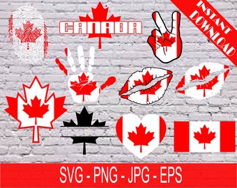 May include: A set of 10 digital cut files featuring various designs with the Canadian flag. The designs include a heart, a peace sign, a handprint, a leaf, a fingerprint, lips, and a flag. The text "CANADA" is also included. The files are available in SVG, PNG, JPG, and EPS formats.