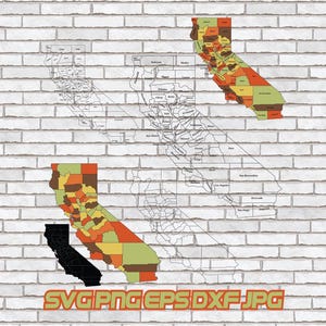 May include: A graphic illustration of the state of California, featuring three different map styles. One map is a black silhouette, another is a detailed outline, and the third is color-coded by county. The image includes the text "SVG PNG EPS DXF JPG".