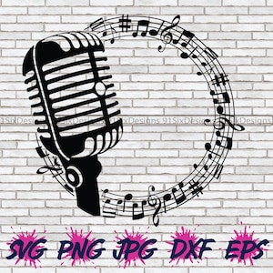 Music Note SVG, Retro Microphone Old School Microphone Monogram Circle Name Musical Rock n Roll Hip Hop Jazz Classical 90's 80's Border PNG