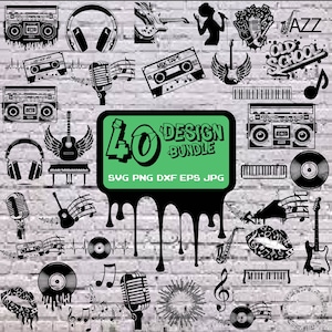 Music SVG Design Bundle, Musical Vectors, Boombox, Old School, Retro Vinyl Cassette Mix Tape 90s 90's 80s 80's Band Instrument Choir Cut PNG