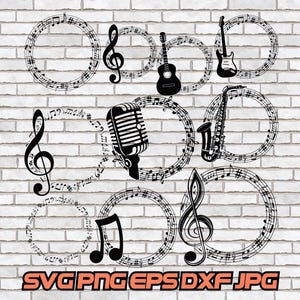 May include: A set of ten black and white music note themed SVG cut files. The files include a microphone, guitar, saxophone, and treble clef.