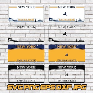 May include: A collection of New York license plate designs. The plates feature the state name, a silhouette of the state, and the words "Excelsior" or "Empire State". The bottom of the image displays file type options: SVG, PNG, EPS, DXF, and JPG.