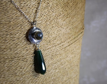 Art deco gemstone necklace with facet cut emerald and labradorite, natural stone jewellery.
