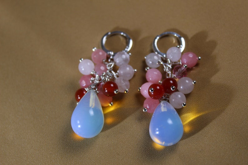 carnelian jade Silver 925 Multi gemstone earrings with silver loops Quartz Opalite summer earrings