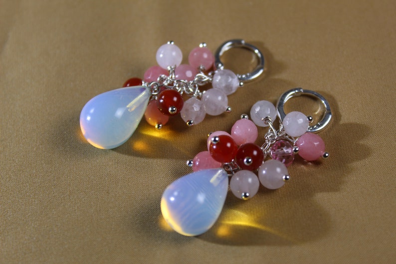 carnelian jade Silver 925 Multi gemstone earrings with silver loops Quartz Opalite summer earrings