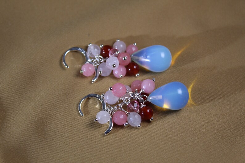 carnelian jade Silver 925 Multi gemstone earrings with silver loops Quartz Opalite summer earrings