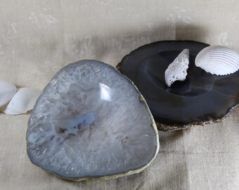 Geode jewelry bowls, Agate blue and quartz white | 2 pieces large natural stone geodes with polished cavity, trinkets scale.