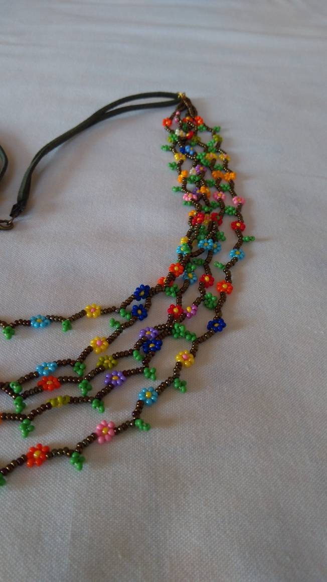 Handmade Beaded Flowers with leaves necklace Etsy