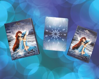 May include: The Water Temple Oracle deck set includes a box, a guidebook, and a single card. The box and guidebook feature an illustration of a person with long red hair pouring water from a blue pitcher. The card back displays a blue mandala pattern.