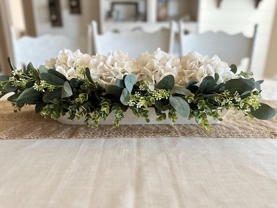 Dough Bowl Hydrangea Centerpiece | Farmhouse Centerpiece | Dining Room Table  Centerpieces | Neutral Colors | Home Decor