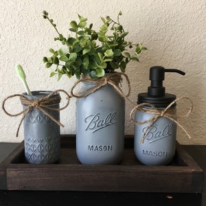 Mason Jar Bathroom Set, Bathroom Decor, Farmhouse Bathroom Decor, Mason Jar Bathroom Set,  Bathroom Organization, Painted Jar Bathroom Decor