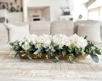 Hydrangea Centerpiece | Farmhouse Centerpiece Dough Bowl | Dining Room Table  Centerpieces | Neutral Colors | Home Decor