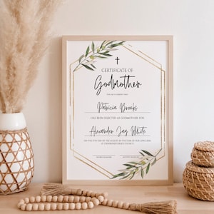 Plantilla de Certificado de Madrina, 100% Editable, Certificado de Padrino, Certificado de Padrinos Imprimible, Oliva, Oro, Descarga Instantánea, P22