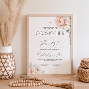 Plantilla de Certificado de Madrina de Peonías, 100% Editable, Certificado de Padrino, Imprimible, Certificado de Padrinos Rosa, Descarga Instantánea, P71