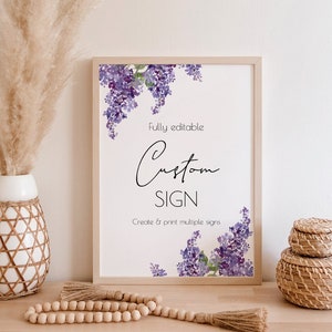 Lila Blumen benutzerdefinierte Zeichenvorlage, vollständig bearbeitbares Zeichen, unbegrenztes Hochzeitsschild, lila, druckbar, DIY Party Zeichen, Ihr Text hier, P59