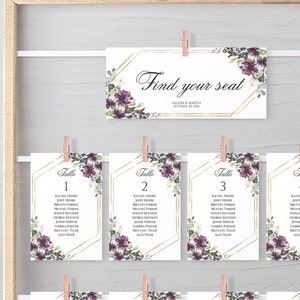 Lila Gold Hochzeit Sitzplan Karten Vorlage, 100% bearbeitbar, Lila Sitzplatz, Elegante Sitzordnung, Sofort Download, Gold, Templett, P29